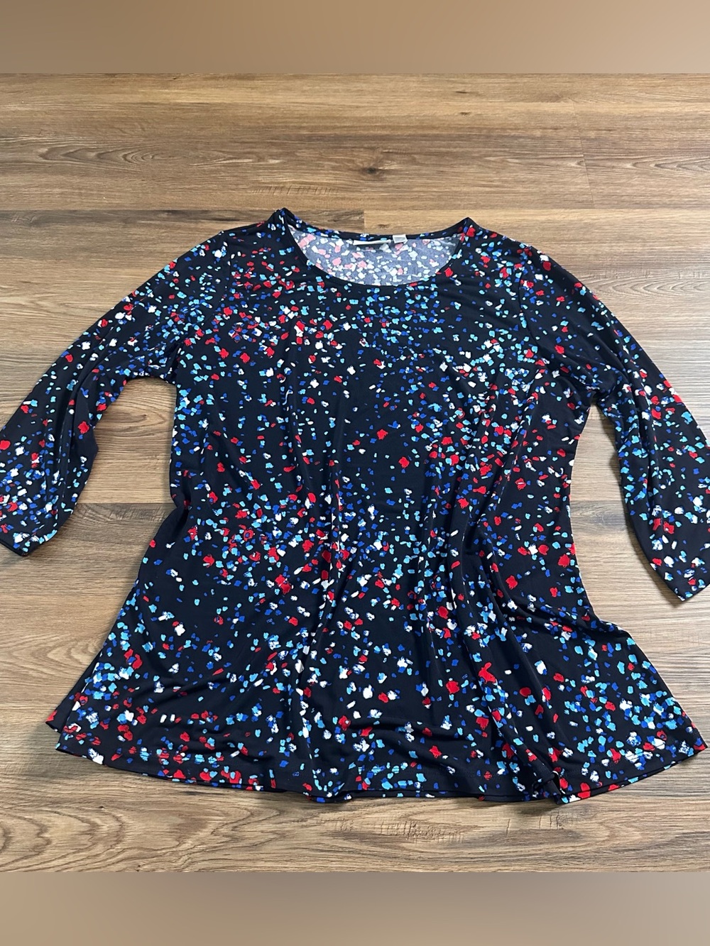 Susan Graver 3/4 Sleeve Tunic Blouse XL Black Blue Splatter Liquid Knit Shirt